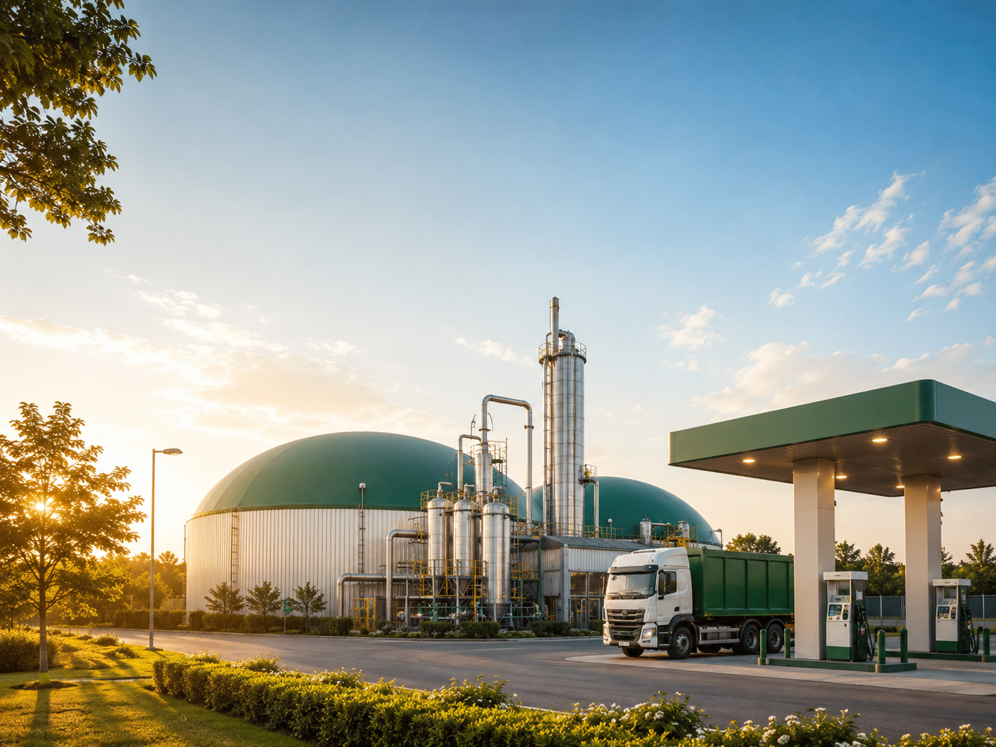 A modern compressed biogas plant with green digester domes and a Bio-CNG fuelling station